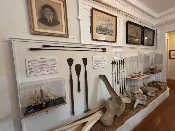 one of the most interesting things to do in the hamptons was see the whaling history museum - here it shows some of the artifcts and information on a display case against a white wall